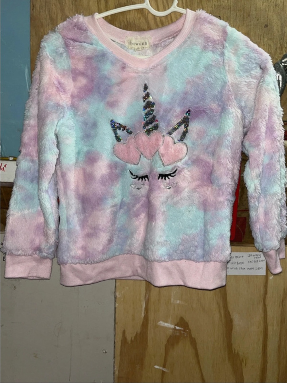 btween Plush Unicorn Hoodie in Pastel Pink & Light Blue